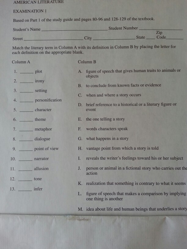 Match the literary term in column A with its | Chegg.com