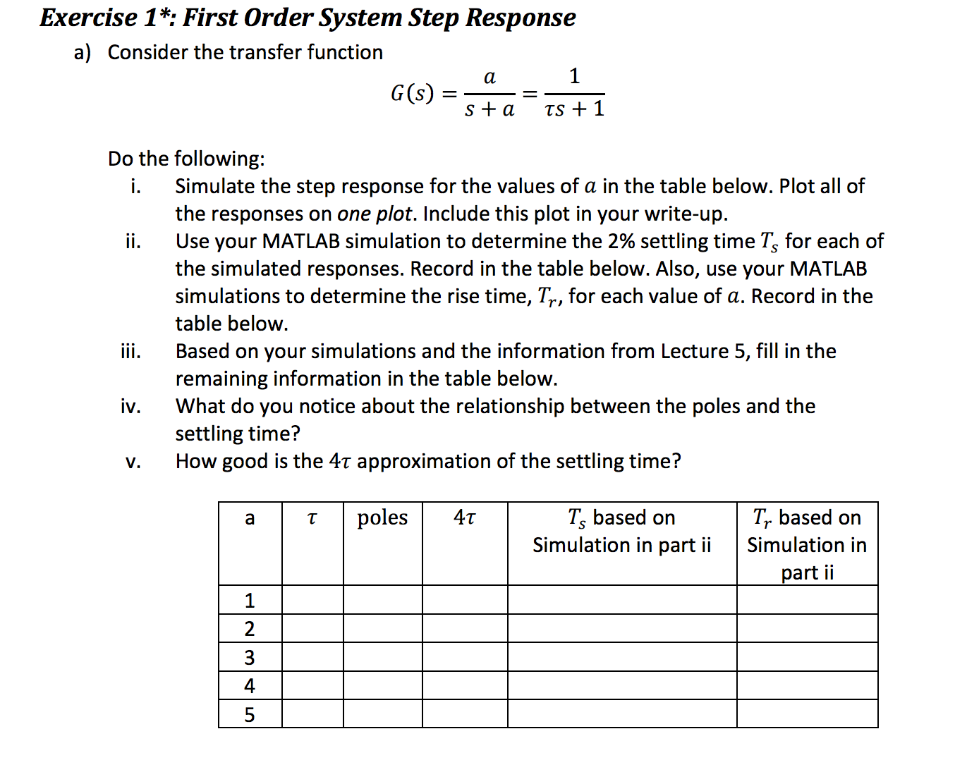 Solved Exercise 1 First Order System Step Response A) | Chegg.com