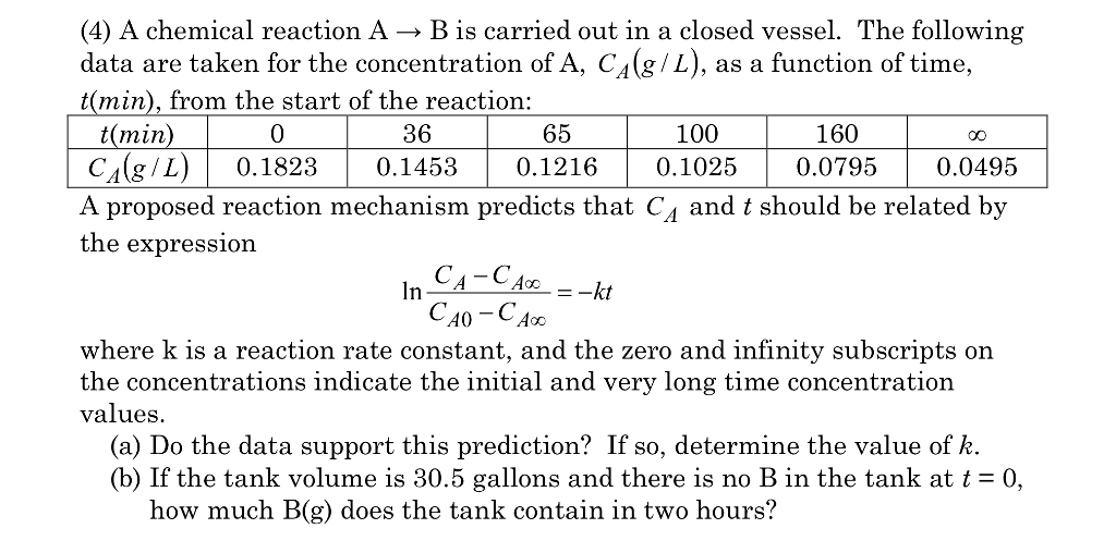 Solved (4) A chemical reaction A → B is carried out in a | Chegg.com