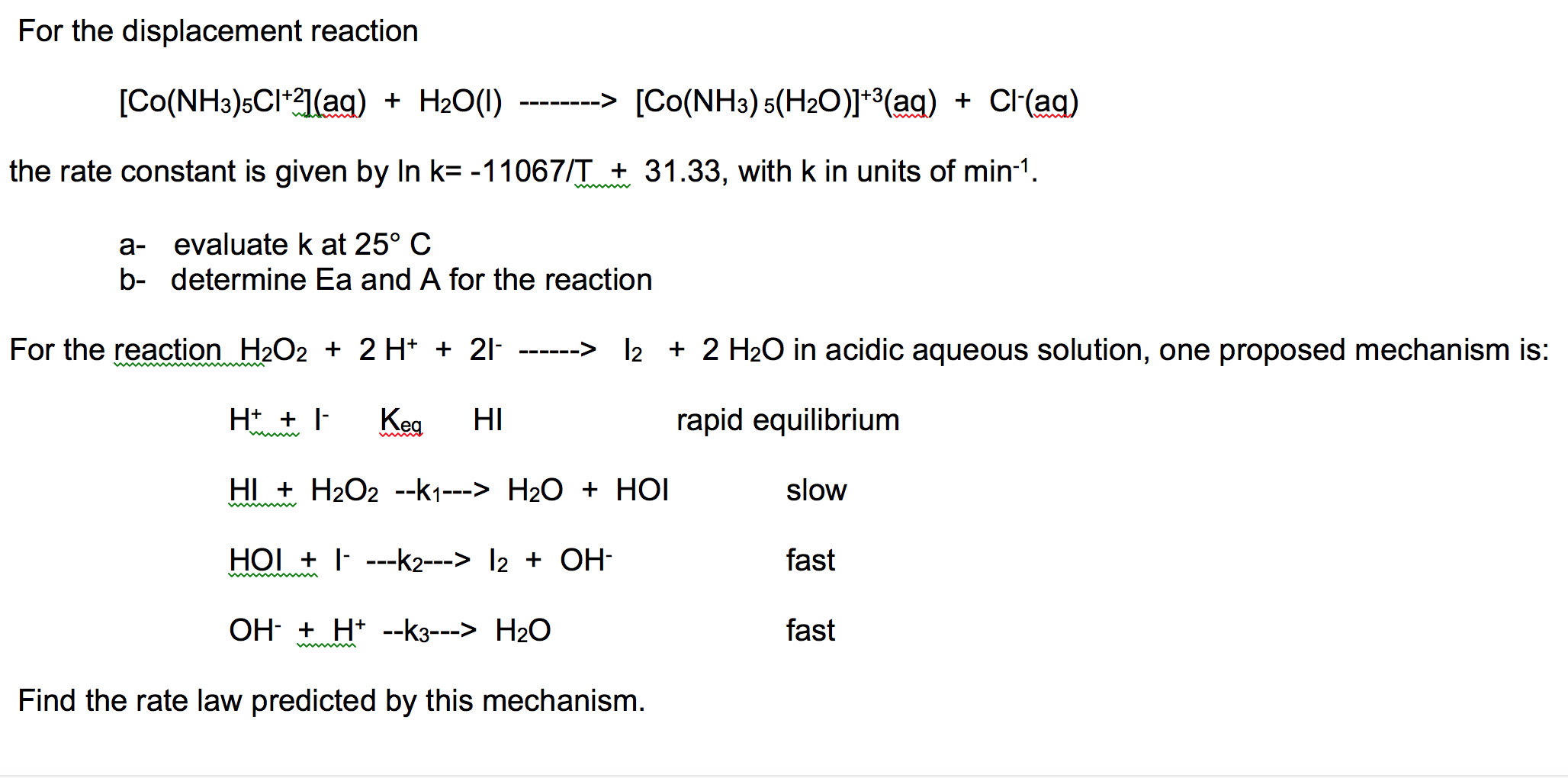 Solved For the displacement reaction [Co (NH3)5Cl 21(aq) H20 | Chegg.com