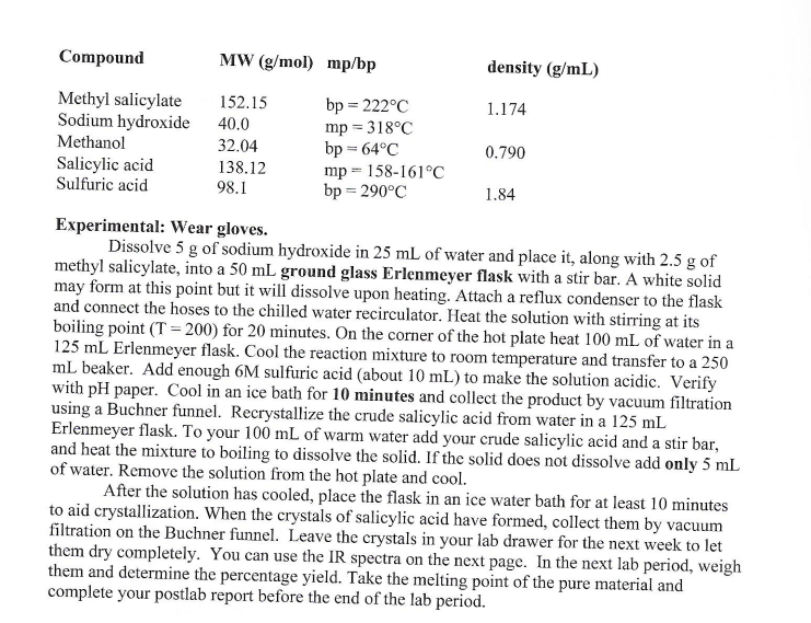 Solved Compound MW (g/mo) mp/bp density (g/ml Methyl