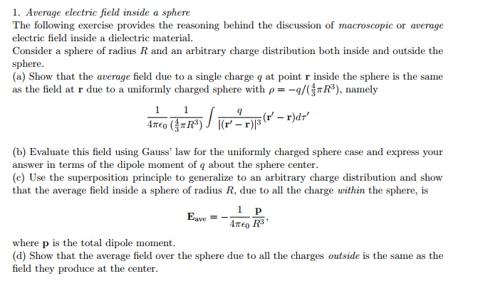Solved 1. Average electric field inside a sphere The | Chegg.com