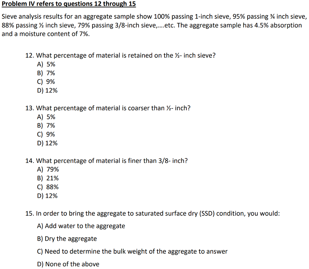 Solved Problem IV refers to questions 12 through 15 Sieve