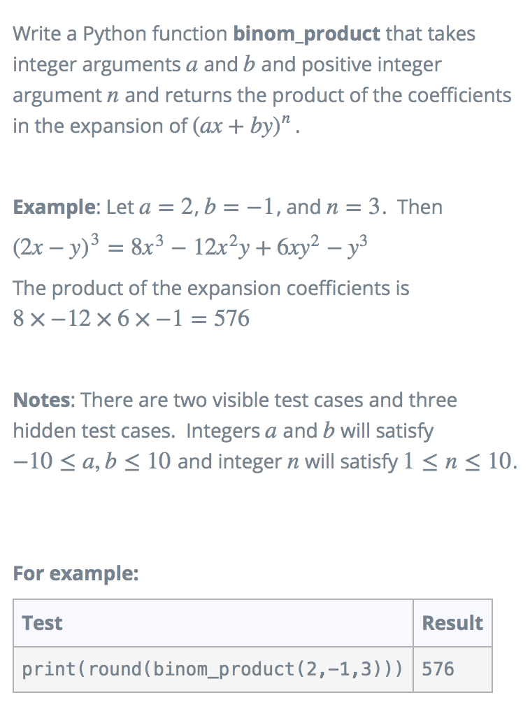 Solved Write a Python function binom_product that takes | Chegg.com