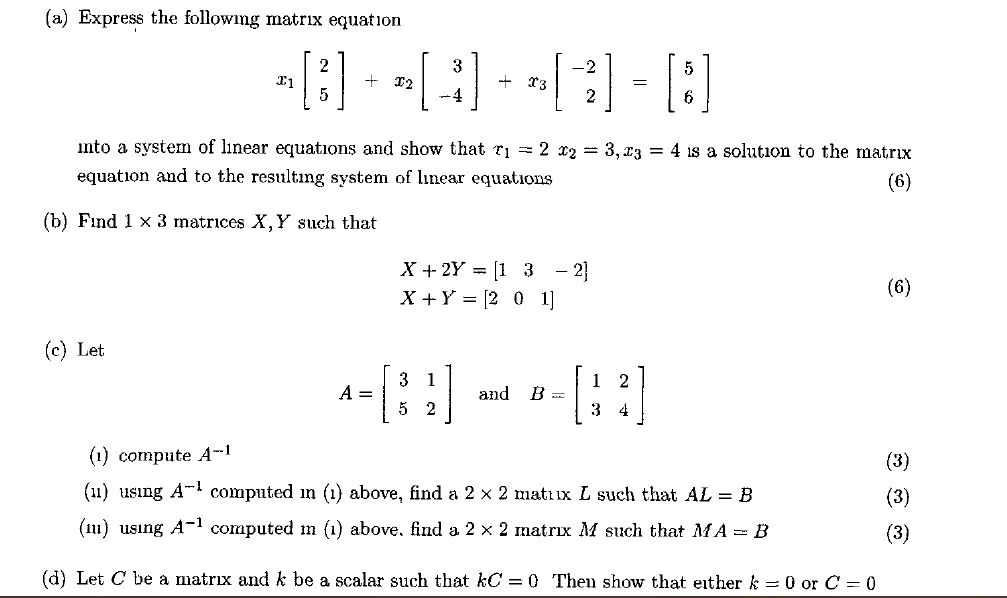 Solved (a) Express the following matrix equation 3 + T2 13 | Chegg.com