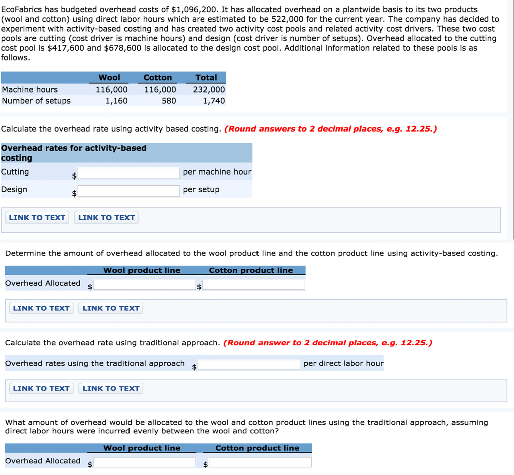 Solved EcoFabrics has budgeted overhead costs of 1, 096,