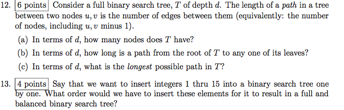 Solved points Consider a full binary search tree, T of depth | Chegg.com