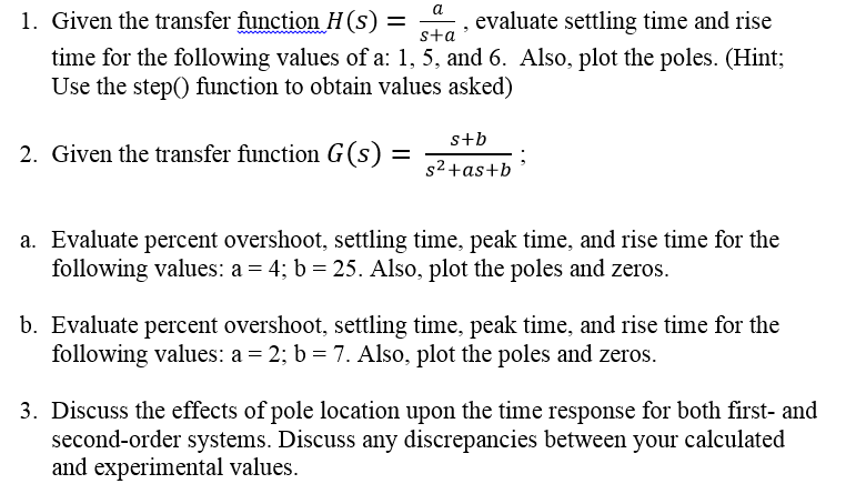 Tr Rise Time Formula Transfer Function Solved 1. Given the transfer function H(s) = a/ s+a, | Chegg.com