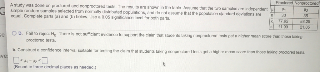 Solved A study was done on proctored and nonproctored tests. | Chegg.com