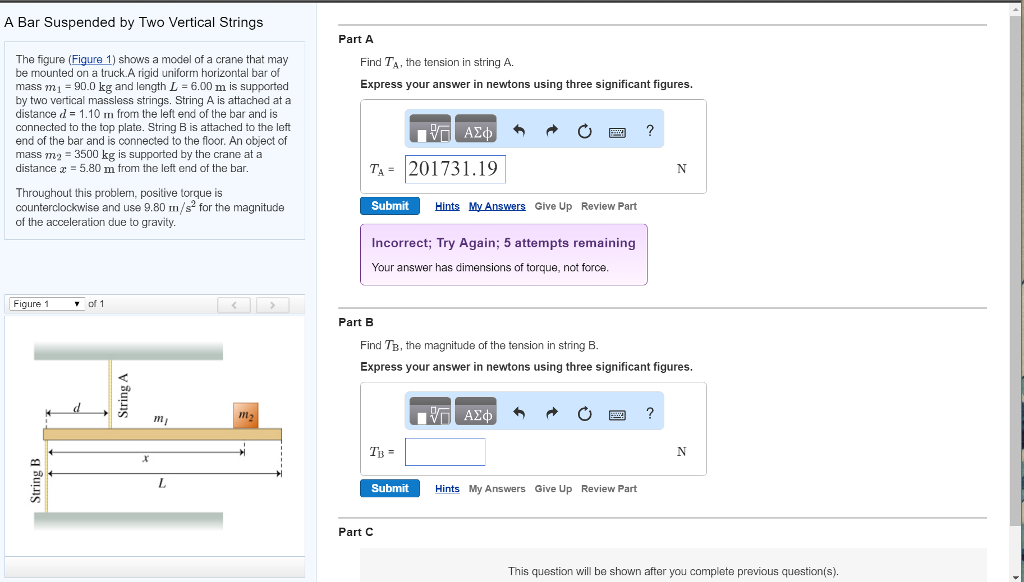 Solved A Bar Suspended by Two Vertical Strings The figure | Chegg.com