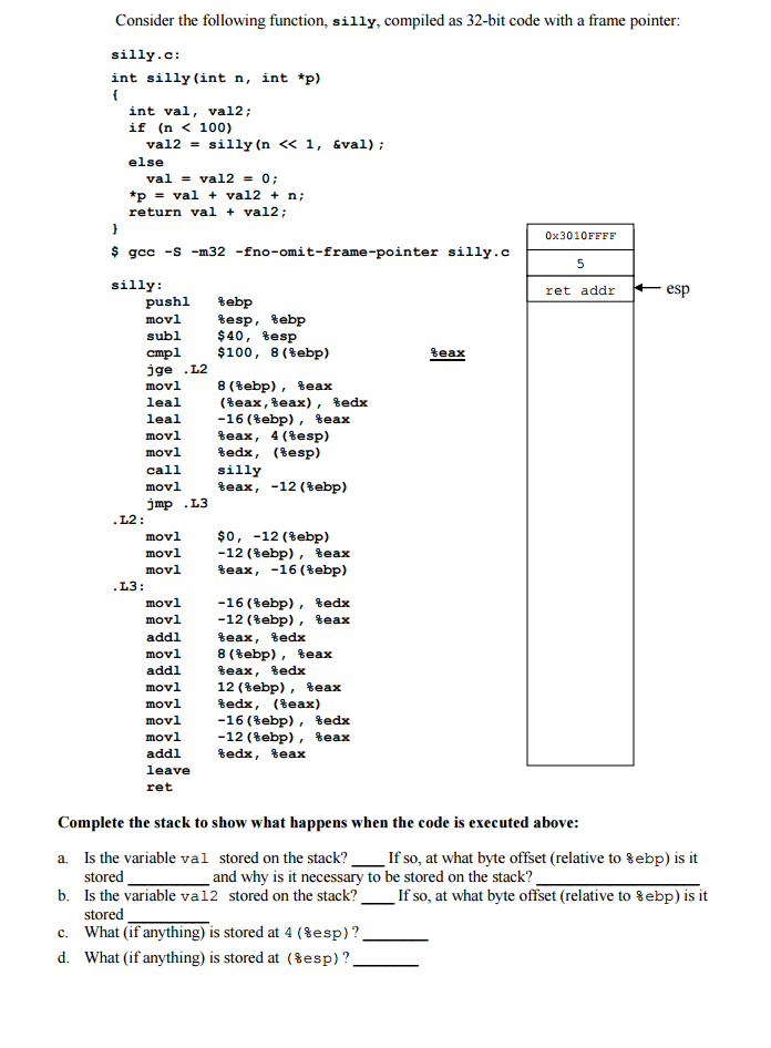 Solved Consider the following function silly, compiled as | Chegg.com