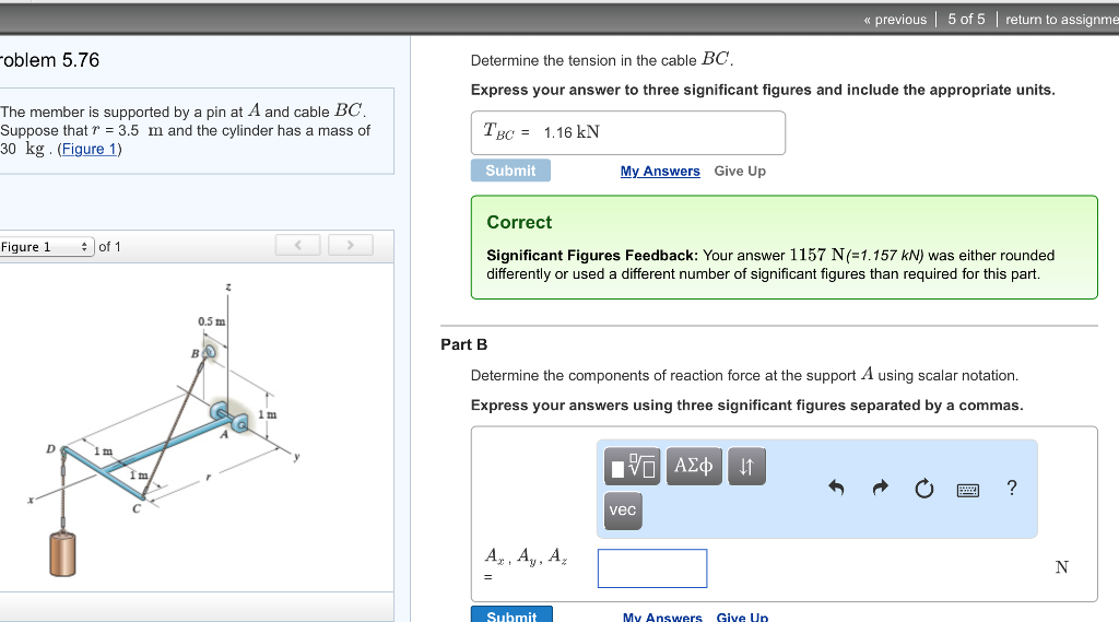 Solved The member is supported by a pin at A and cable BC. | Chegg.com