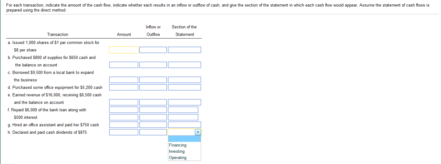 Solved For each transaction, indicate the amount of the cash | Chegg.com