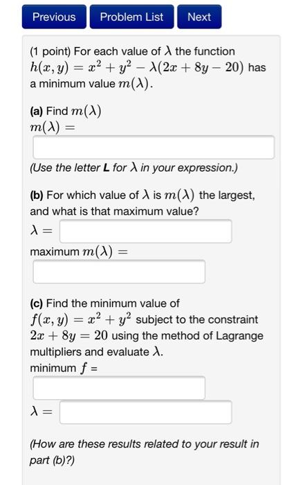 Solved For Each Value Of Lambda The Function H X Y X 2