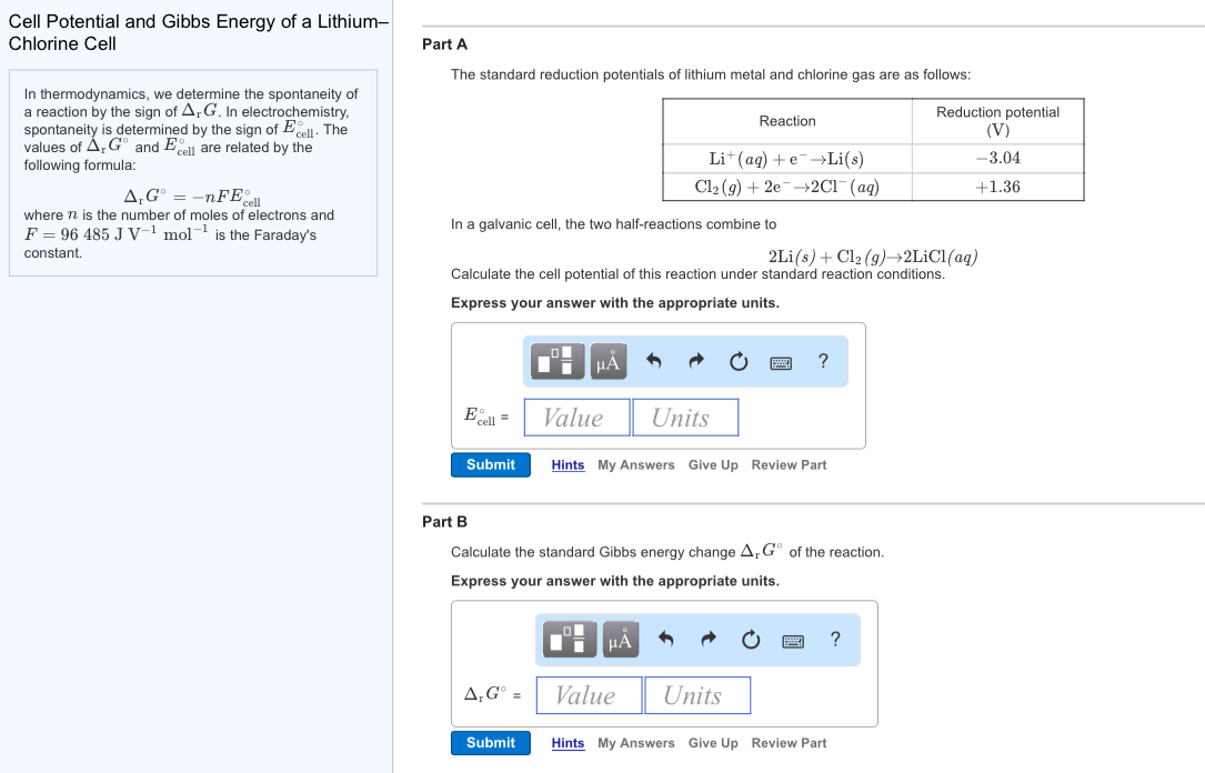 Solved Cell Potential and Gibbs Energy of a Lithium Chlorine