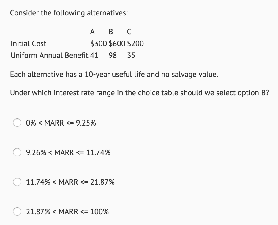 Solved Consider the following alternatives: Each | Chegg.com