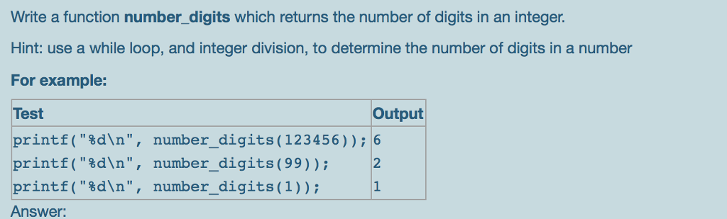Solved Write a function number_digits which returns the | Chegg.com