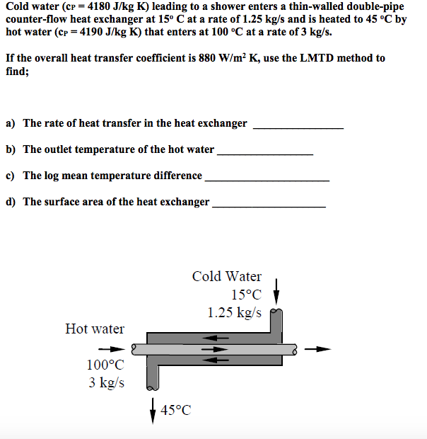 Solved Cold water (cp = 4180 J/kg K) leading to a shower