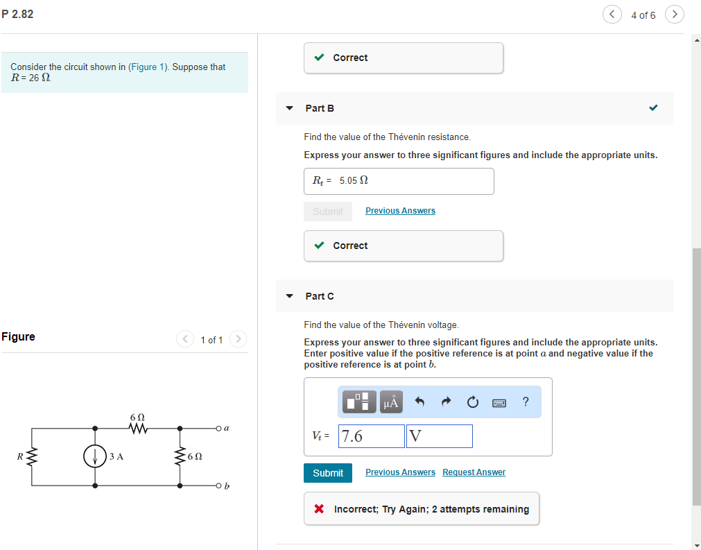 Solved P 2.82 4 of 6 Correct Consider the circuit shown in | Chegg.com