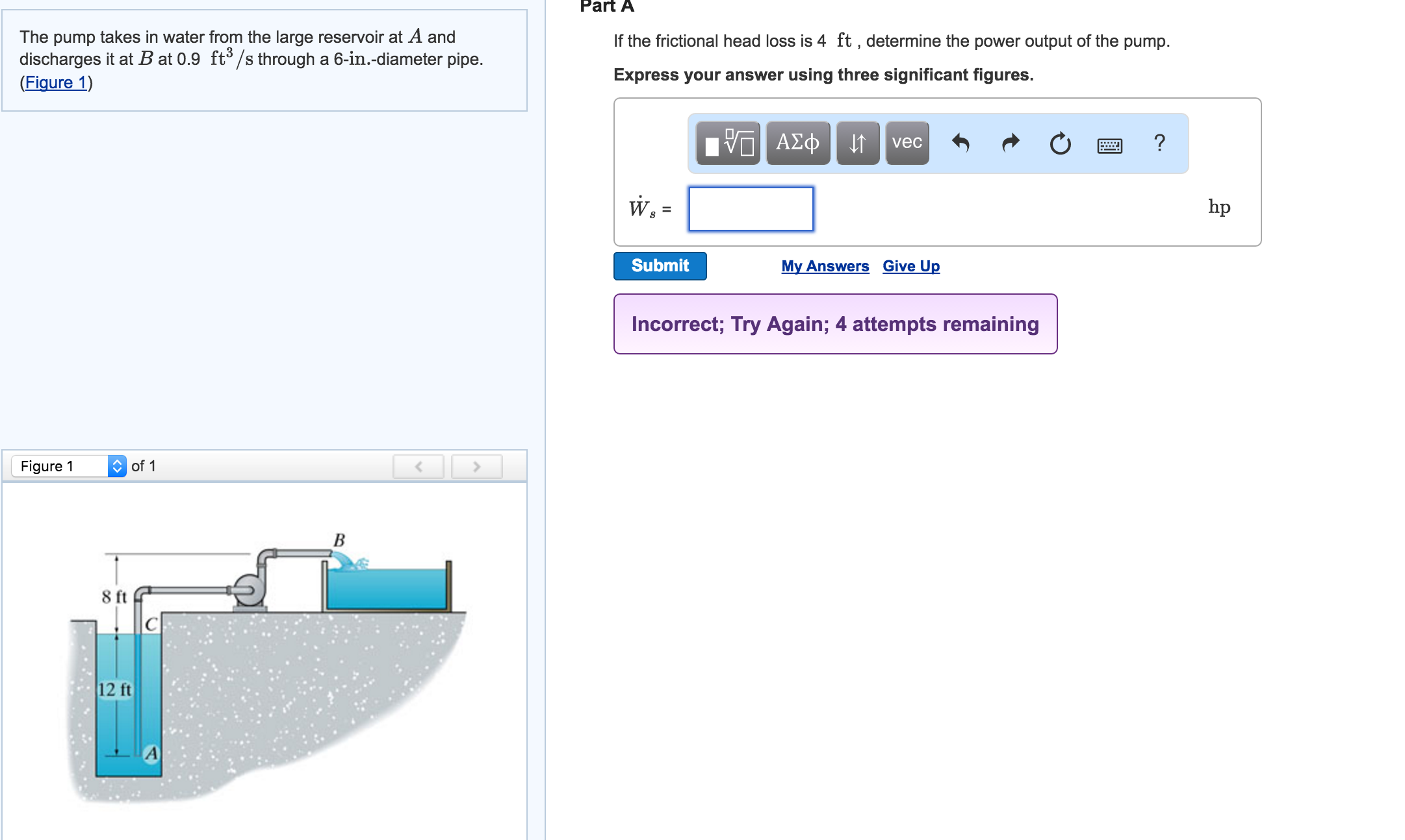 Solved The pump takes in water from the large reservoir at A