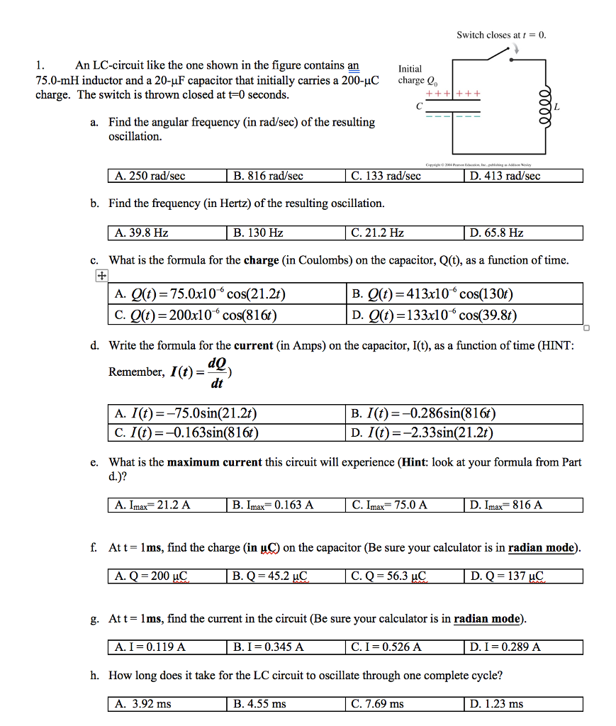 Solved An Lc-circuit Like The One Shown In The Figure 