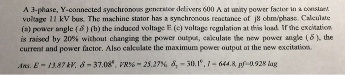 Solved A 3-phase, Y-connected synchronous generator delivers | Chegg.com