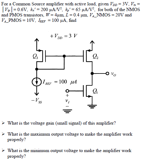 Solved For a Common Source amplifier with active load, given | Chegg.com