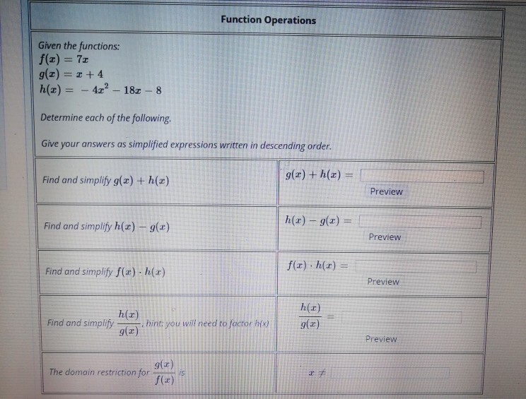 Solved Function Operations Given the functions: f(z) = 7z | Chegg.com