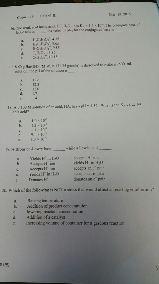 Solved 16. The weak acid lactic acid. HC3H5O3, has KA=1.4 x | Chegg.com