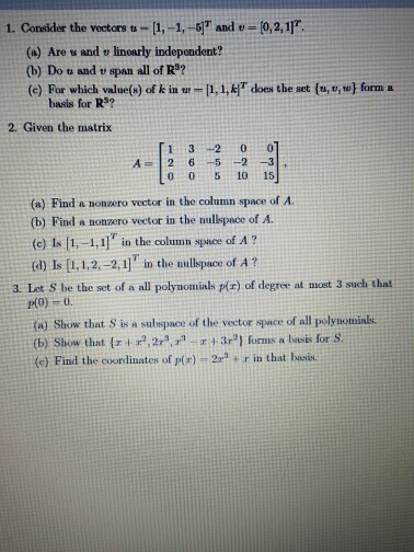 Solved Consider The Vectors = [1, -1, -5]^T And V = [0, 2, | Chegg.com