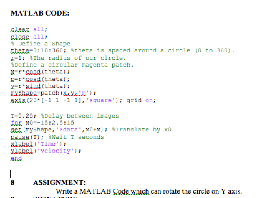 assignment code matlab