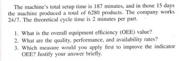 Solved The machine's total setup time is 187 minutes, and in | Chegg.com