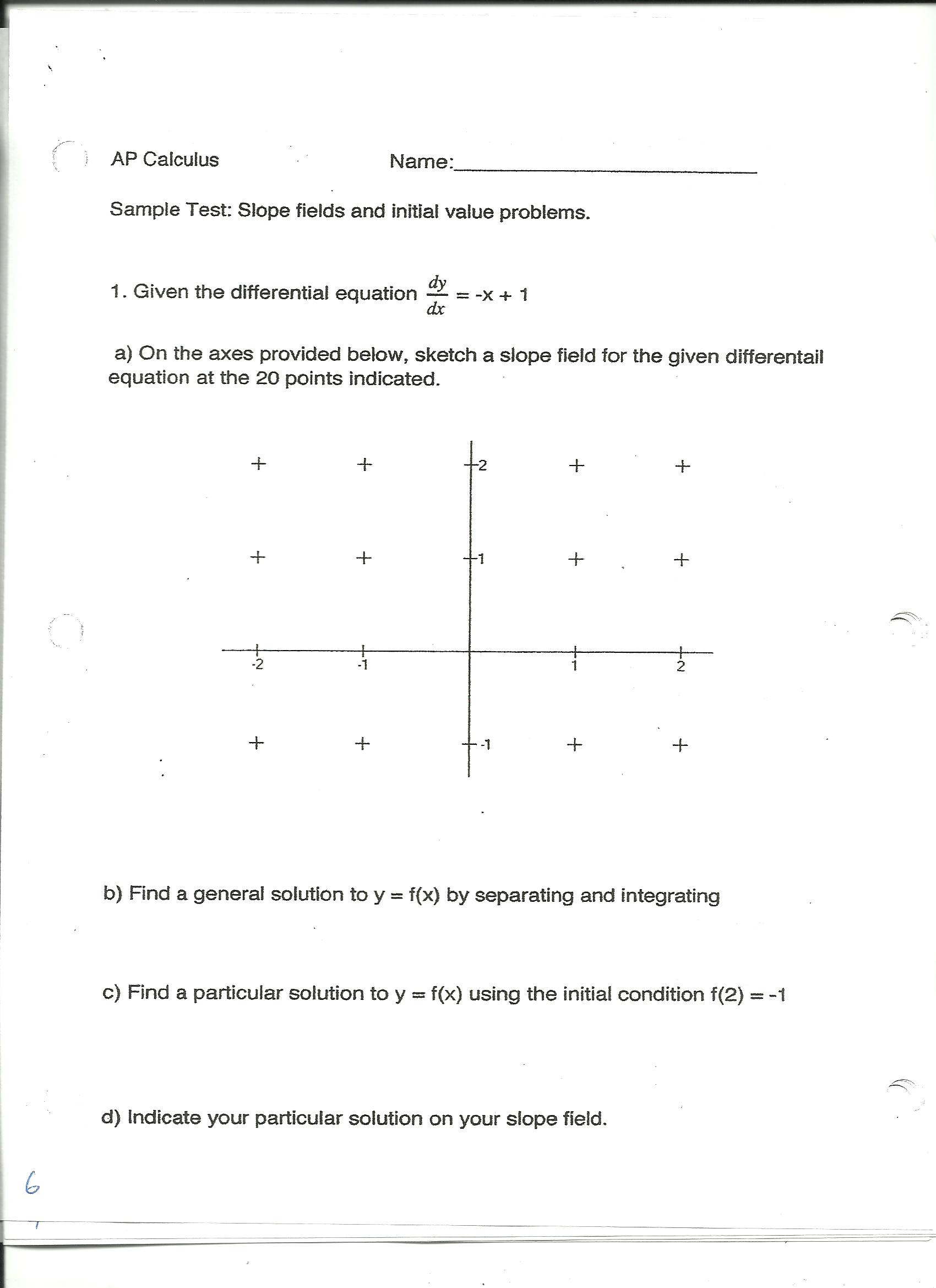 Solved: Sample Test: Slope Fields And Initial Value Proble... | Chegg.com