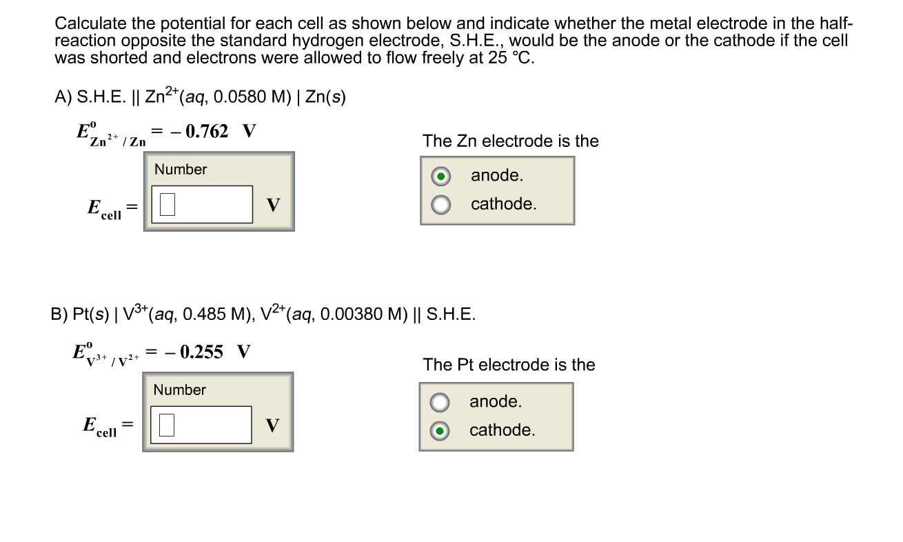 Solved Calculate The Potential For Each Cell As Shown Below | Chegg.com