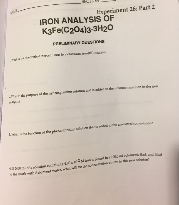 Solved SECTION Experiment 26: Part 2 IRON ANALYSIS OF | Chegg.com