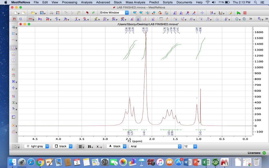 mestrenova showing peak ppm on stacked spectra
