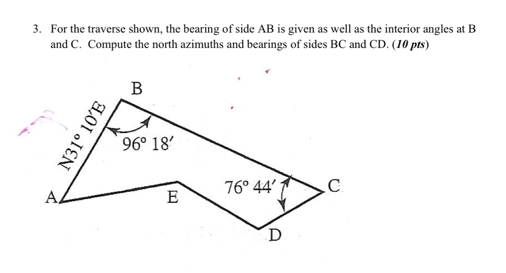 Solved 3. For the traverse shown, the bearing of side AB is | Chegg.com