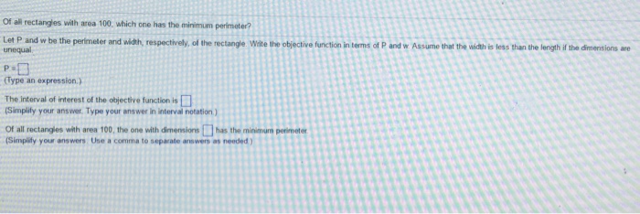Solved Of all rectangles with area 100, which one has the | Chegg.com