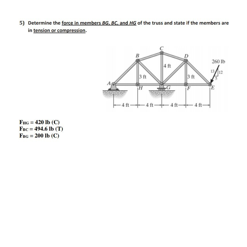 Solved he 5) Determine the force in members BG, BC, and HG | Chegg.com