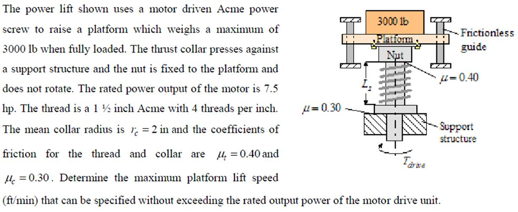 The power lift shown uses a motor driven Acme power | Chegg.com