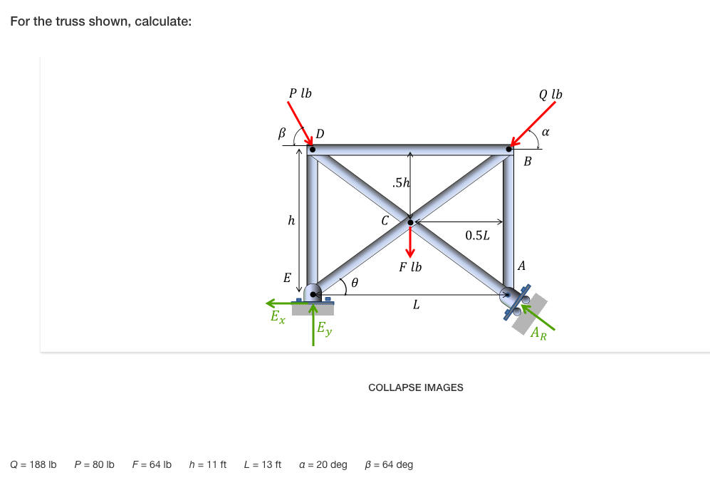 Solved For the truss shown, calculate: P lb Q lb 5/ 0.5L F | Chegg.com