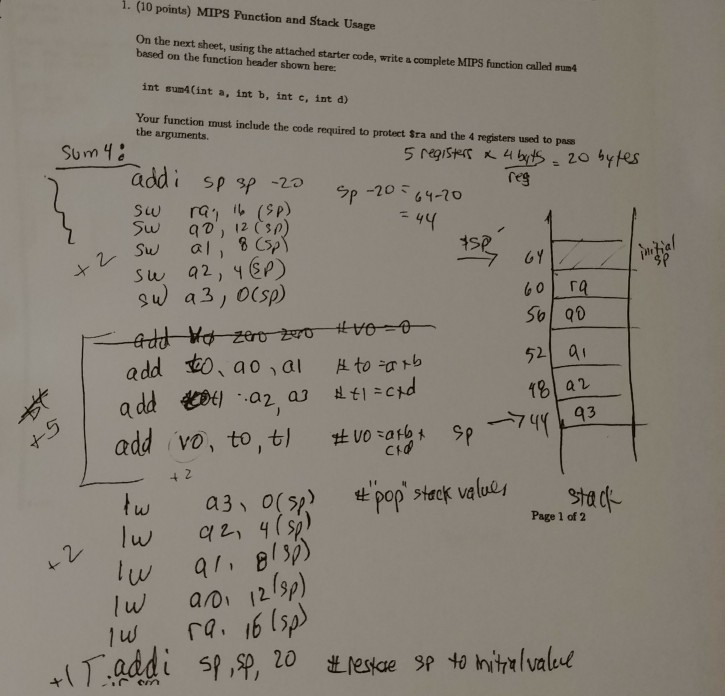 Solved 1. (10 points) MIPS Function and Stack Usage On the | Chegg.com