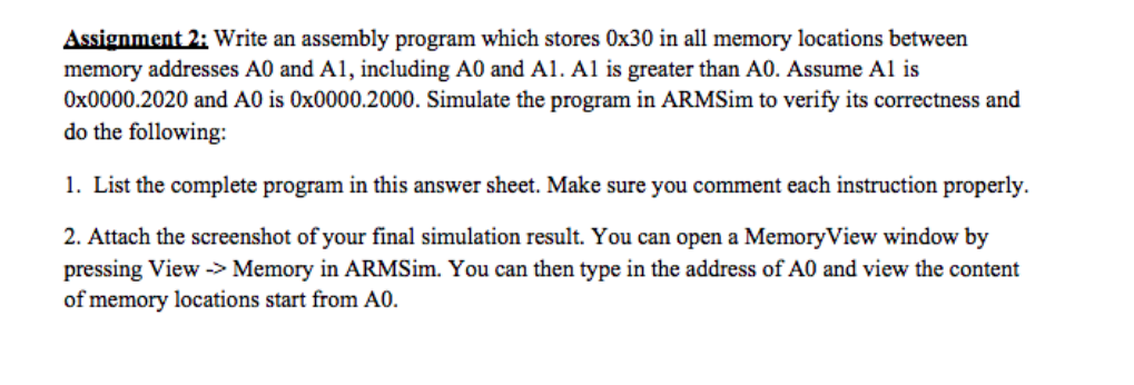 Solved Assignment 2. Write an assembly program which stores | Chegg.com