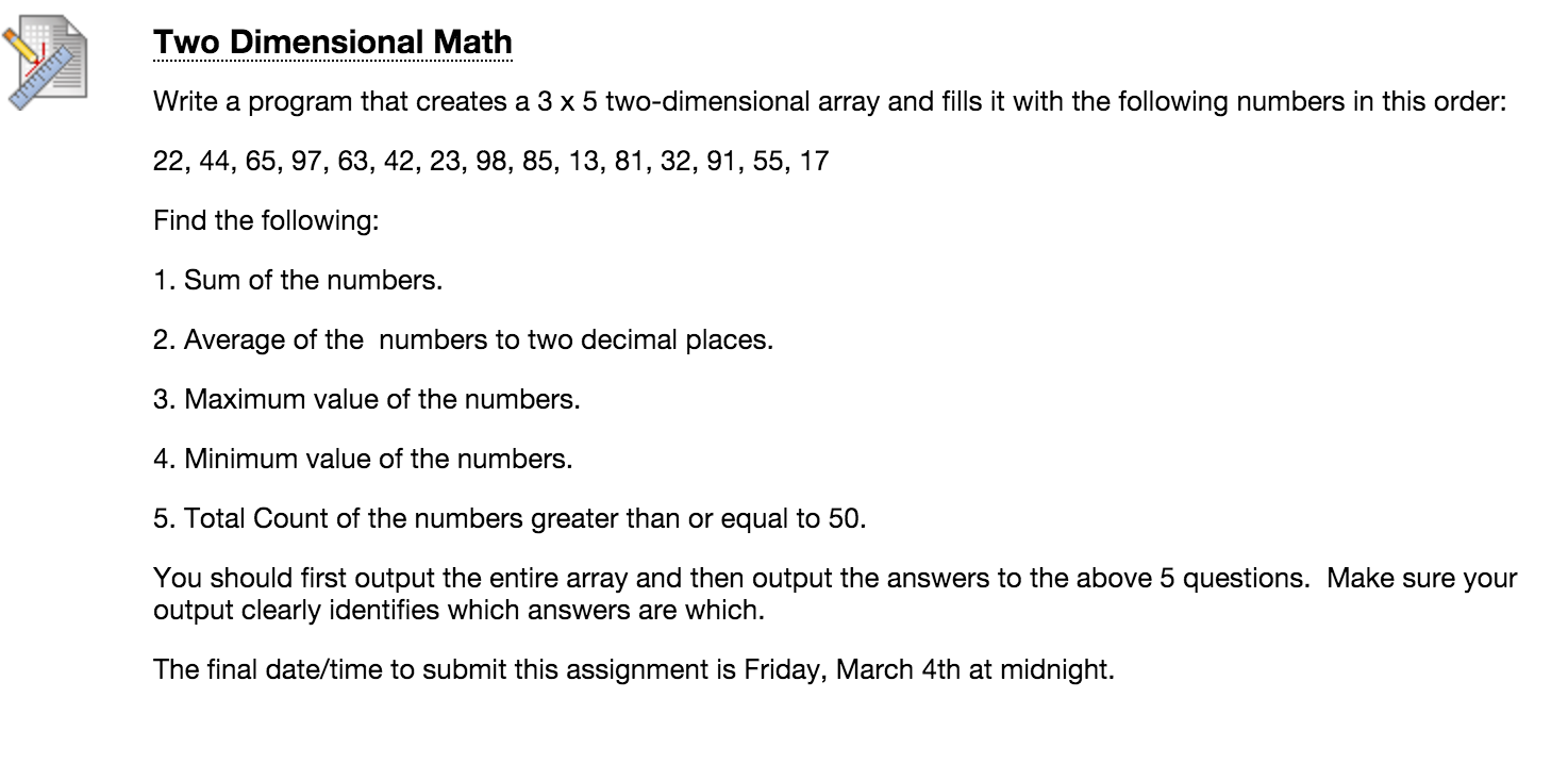 Solved Write a program that creates a 3 Times 5 | Chegg.com
