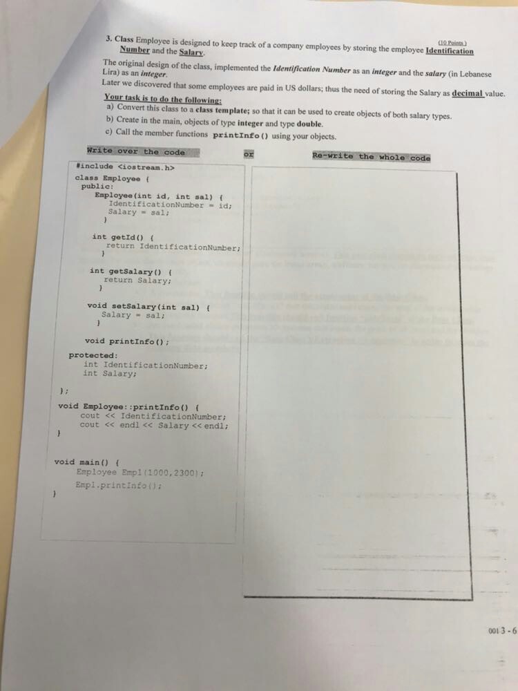 Solved 3. Class Employee is designed to keep track of a | Chegg.com