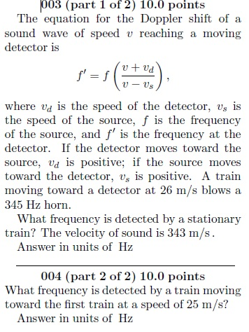 Solved The equation for the Doppler shift of a sound wave of | Chegg.com