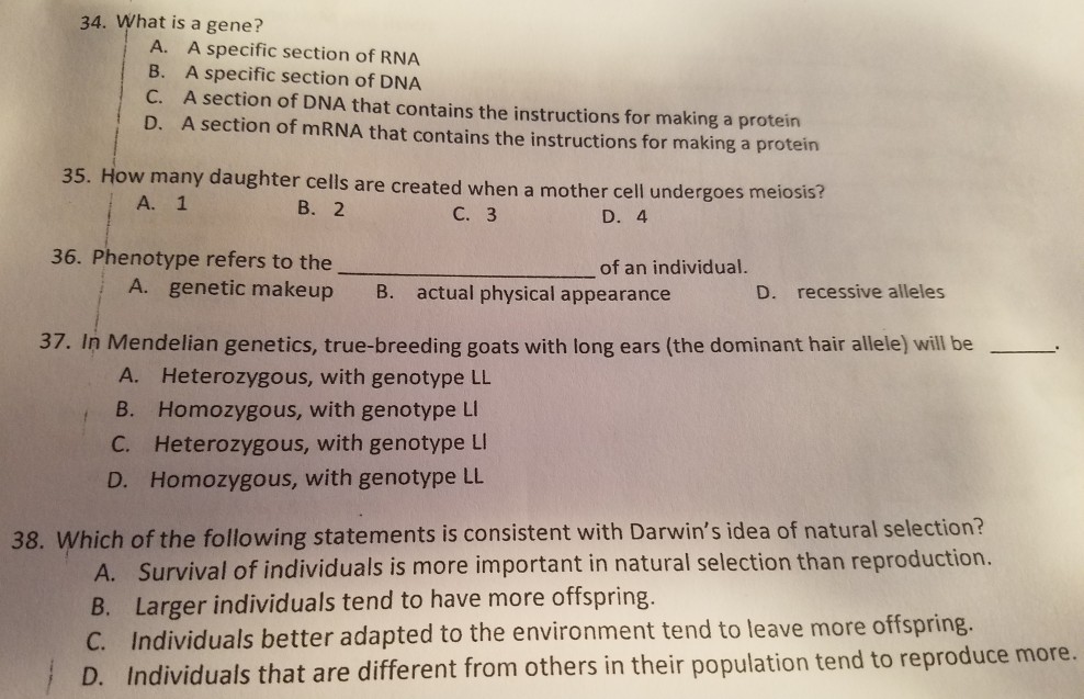 Solved 34. What is a gene? A. A specific section of RNA B. A | Chegg.com