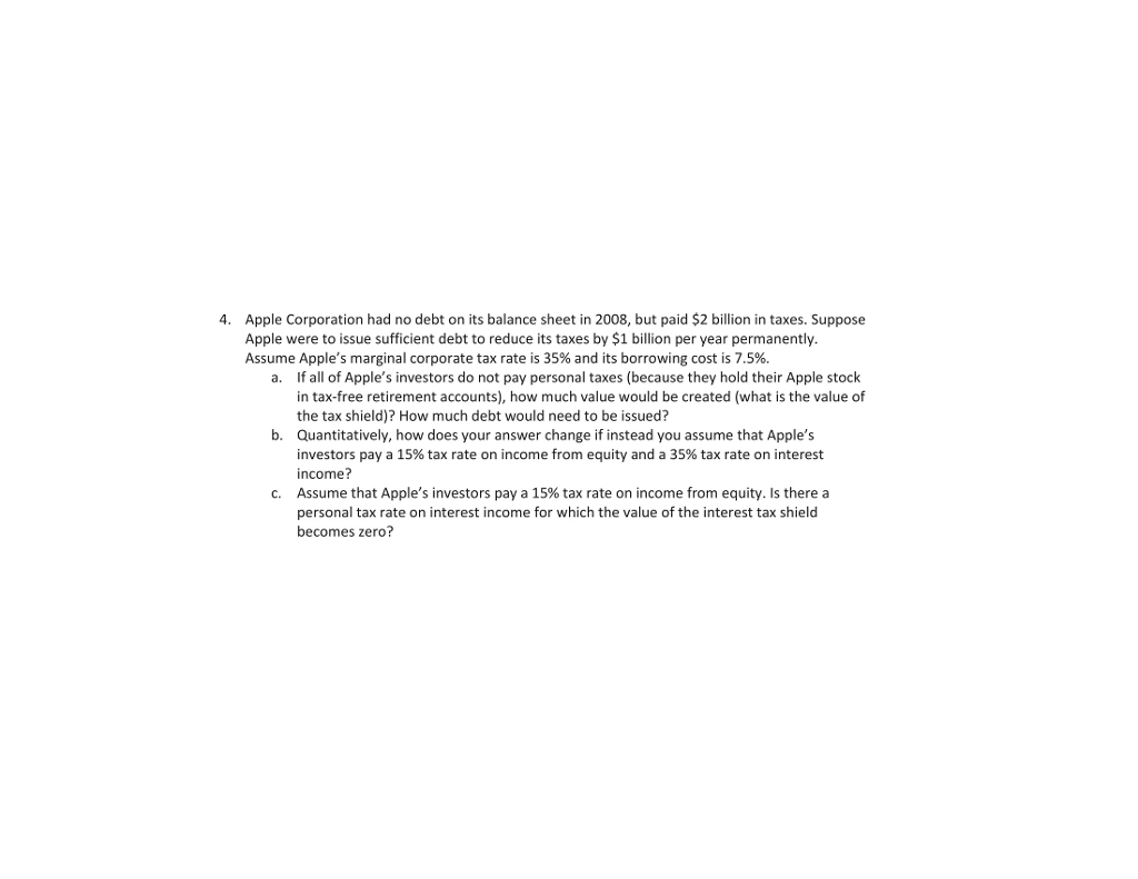 Solved Apple Corporation had no debt on its balance sheet in