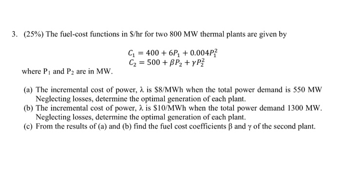 Solved The Fuel cost Functions In S hr For Two 800 MW Chegg