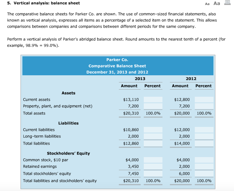 Solved Aa Aa E 5. Vertical analysis balance sheet The